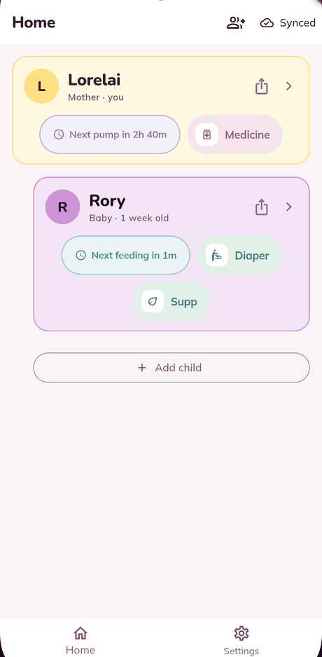 The home screen listing two profiles — Lorelai, a mother, and Rory, a one-week-old baby — each with quick buttons for the next pump, medicine, feeding, diaper and supplement.