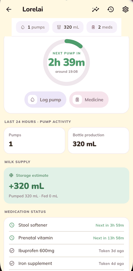 The mother dashboard: a status ring reading &ldquo;Next pump in 2h 39m&rdquo;, pump activity for the last 24 hours, a milk supply estimate, and a medication list.